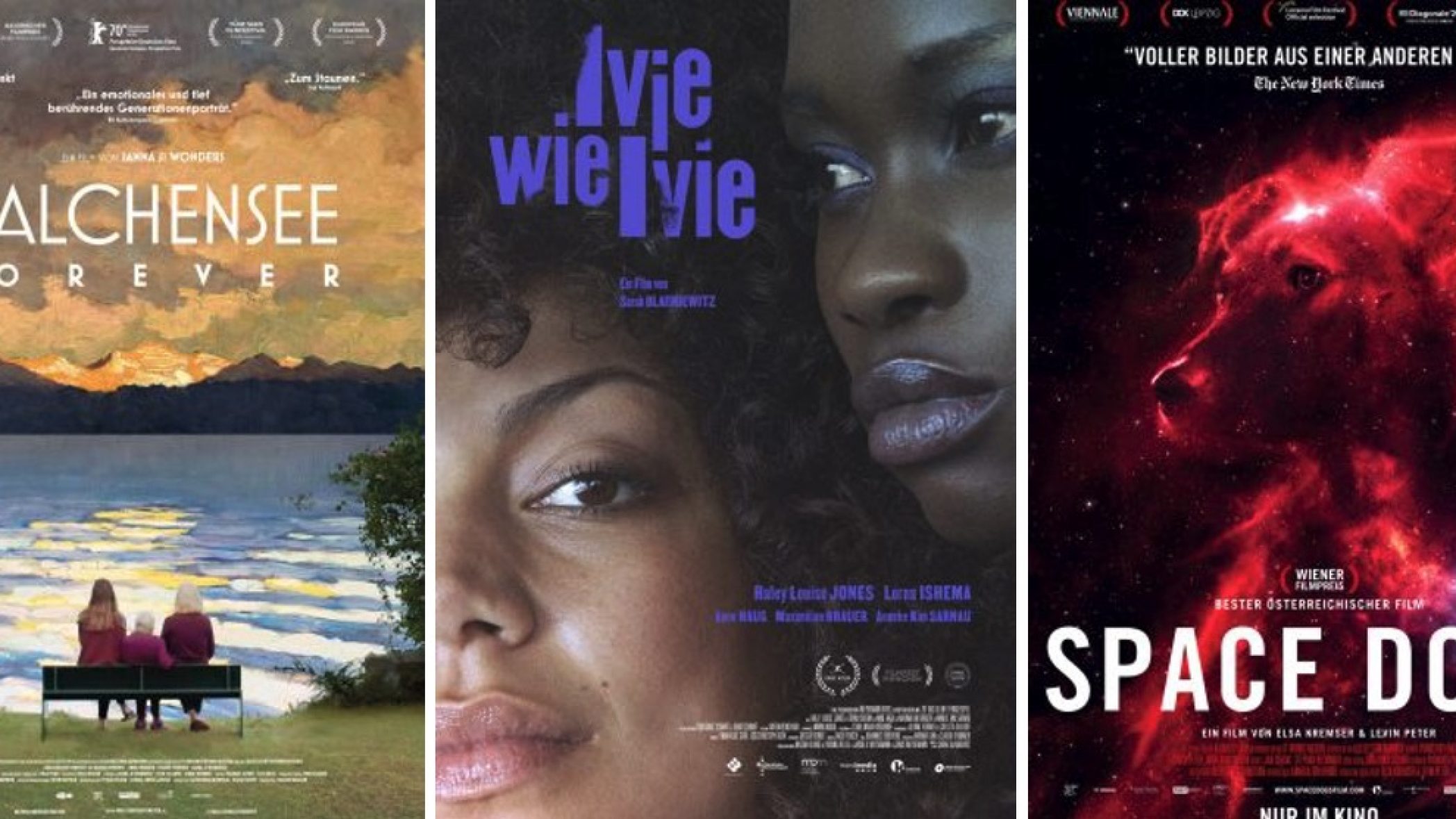 Drei Poster von für den Deutschen Filmpreis 2021 nominierten Filmen nebeneinander